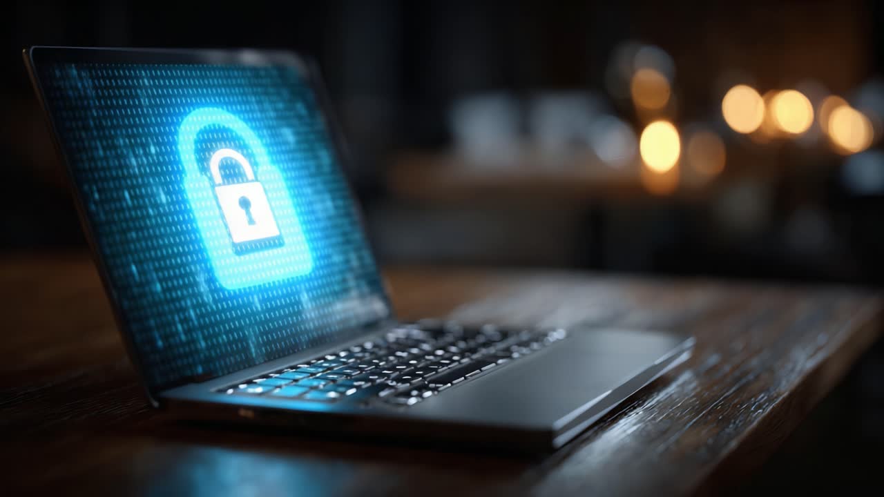 A Secure Laptop Displaying a Digital Lock Icon Surrounded by Blurry Lights, Highlighting the Importance of Cybersecurity and Data Protection in Today's Digital Age
