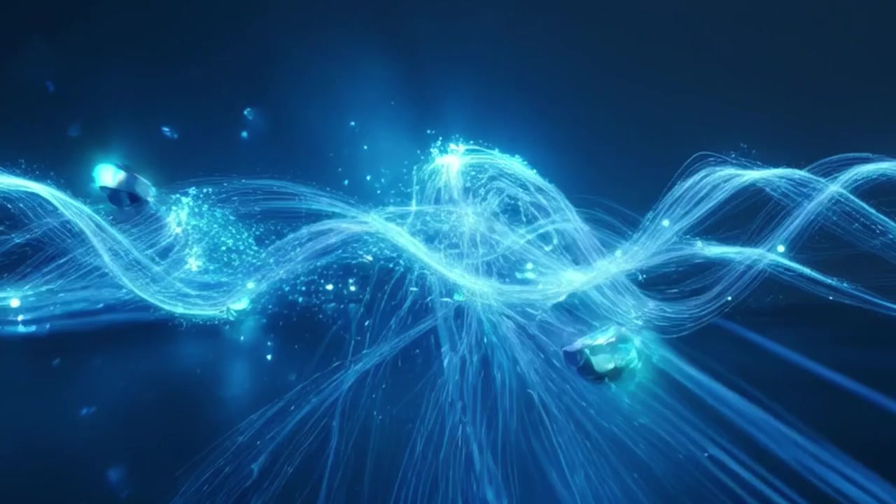 Abstract Glowing Blue Light Waves and Floating Particles