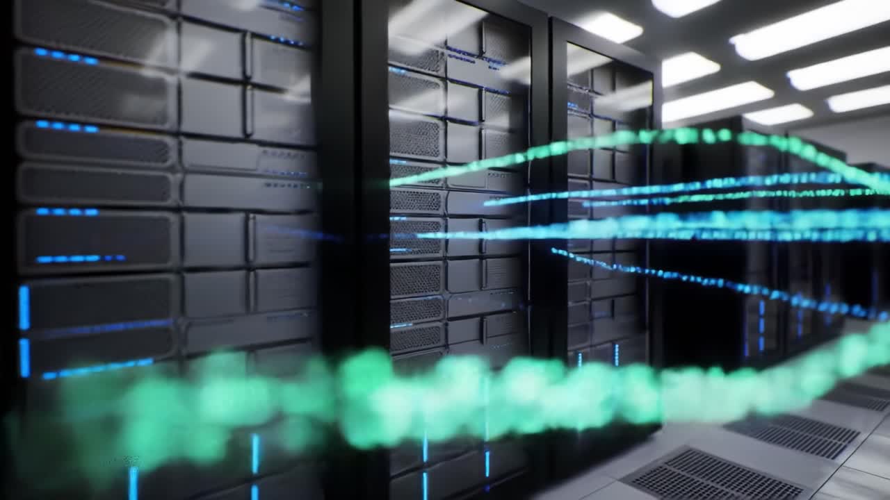 Inside a cutting-edge data center, racks of servers operate seamlessly while neon lights illuminate the high-tech environment. The efficient systems deploy robust data management solutions.