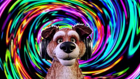 cartoon dog with headphones in a colorful background