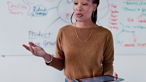 tablet, whiteboard and business black woman
