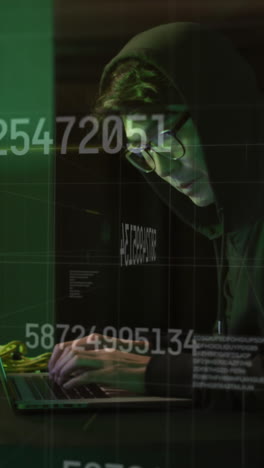 animación del procesamiento de datos sobre un hacker asiático en la sala del servidor