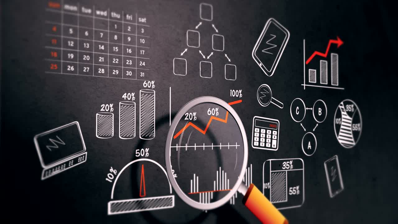 Analysis of corporate data with magnifying glass. Business marketing charts and sketches on blackboard. 4K UHD animation seamless loop.