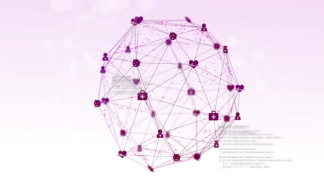 animación de un globo giratorio de iconos púrpuras conectados y procesamiento de datos en blanco y púrpura pálido