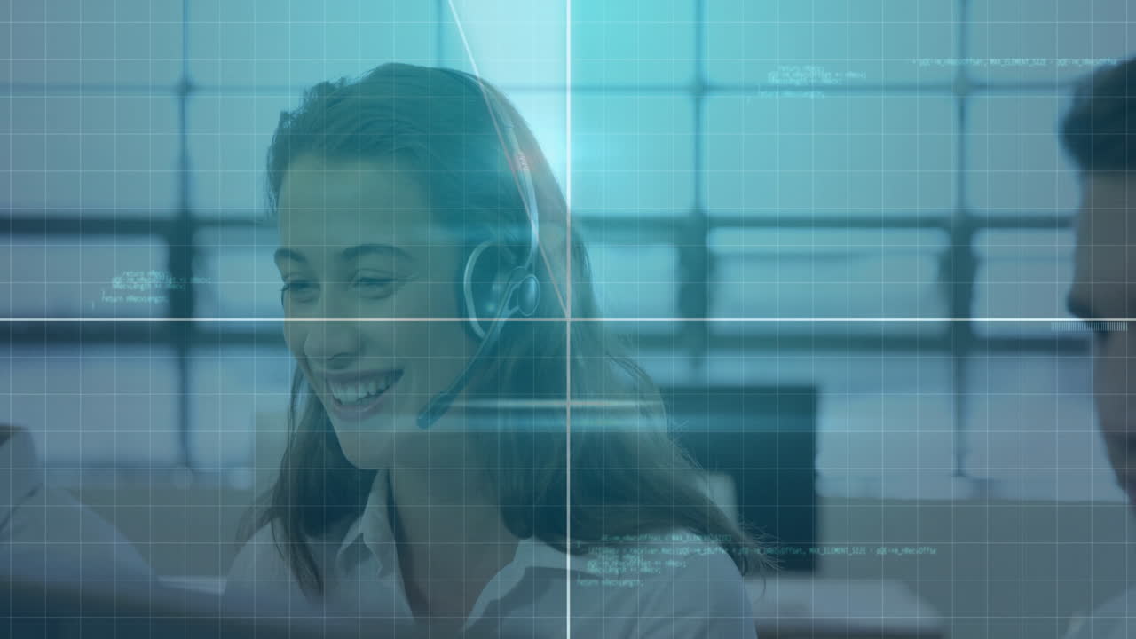 Smiling woman with headset working in office, digital grid overlay animation