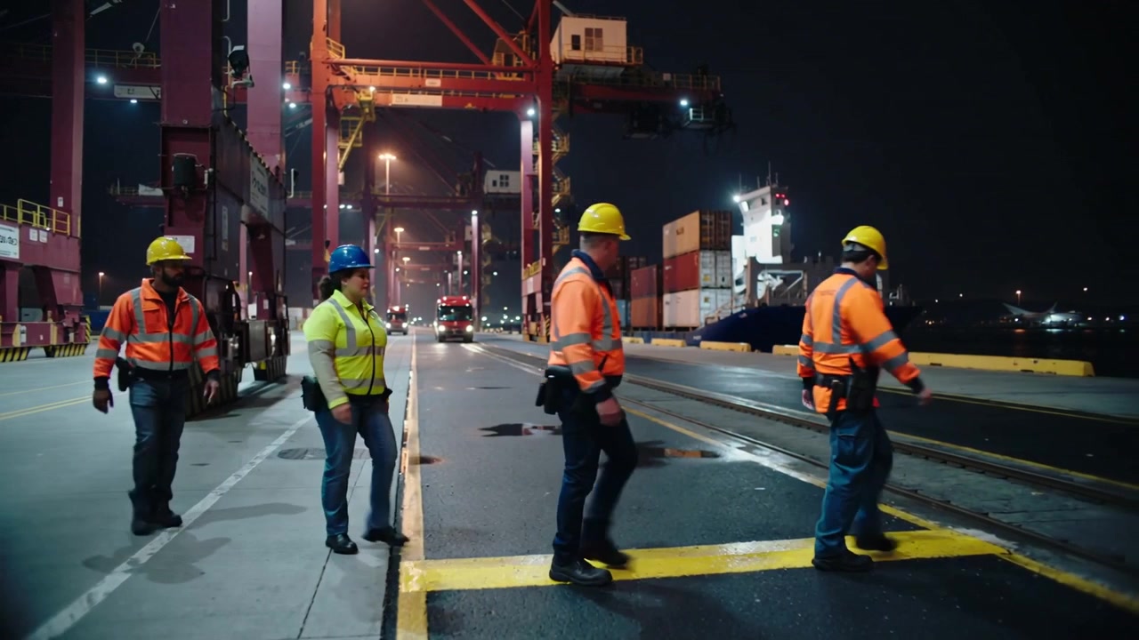 Walking port crew crossing dock after checking clipboard to inspect ship, wearing hivis, copy space
