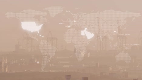 animation of glowing parts over a world map against aerial view of construction site