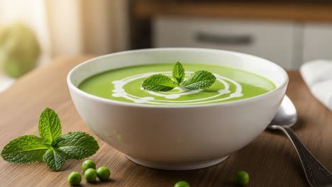 a delicious bowl of green soup topped with fresh mint leaves, showcasing creamy texture and vibrant color, perfect for a healthy meal or appetizer option