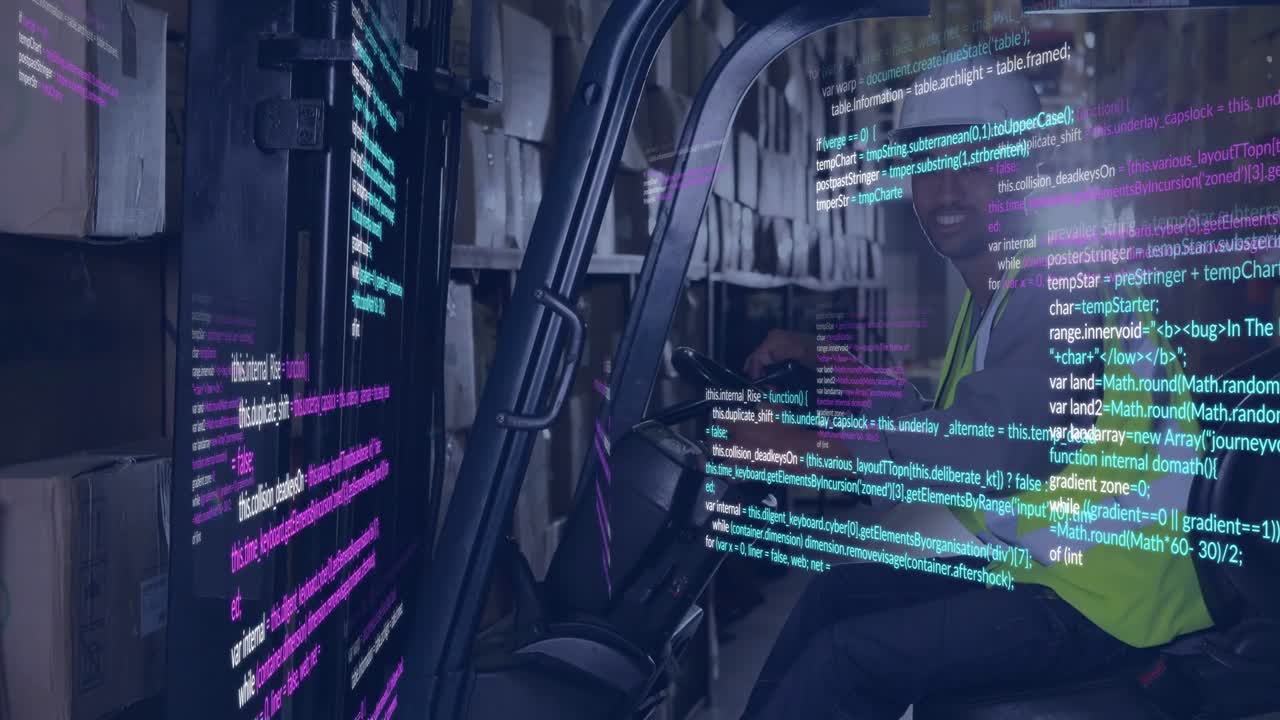 Gaffeltruckfører scanner paller på lager, håndholdt starter UI-kodeoverlejringer, der opdaterer lagerbeholdningen