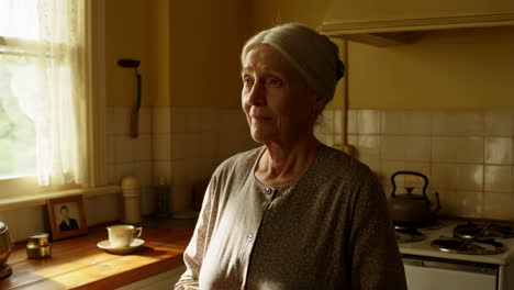 elderly woman in a sunny kitchen