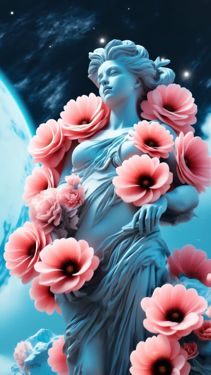 A celestial goddess statue with flowing robes, surrounded by roses, set against a cosmic backdrop