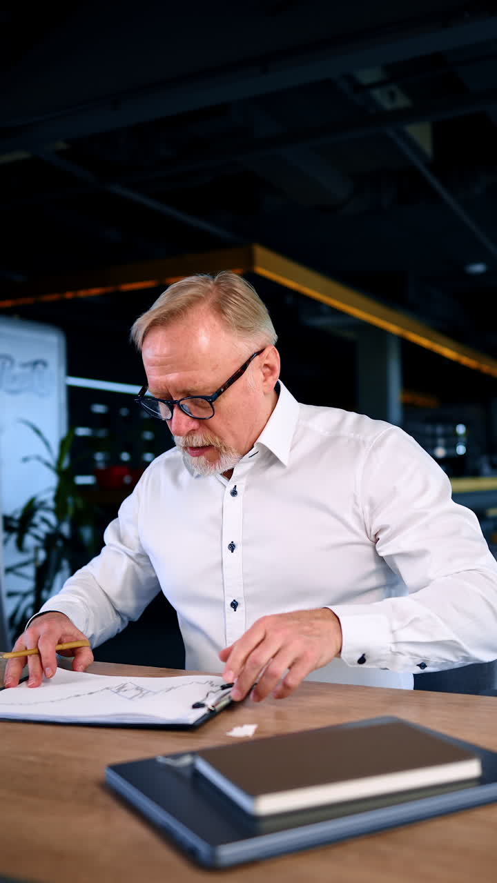 Busy entrepreneur sits at desk looking through the papers. Businessman having lots of paper work in the office. Vertical video.