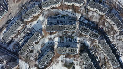 aerial drone shot of ussr panel type apartments, old soviet russian buildings in vilnius