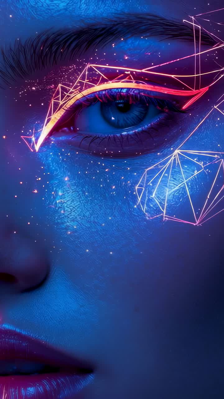 Vertical video: Camera pulling back showing woman with neon eyeliner in studio, showing makeup
