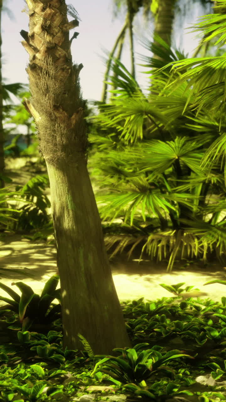 Lush tropical greenery with palm trees and vibrant foliage at midday