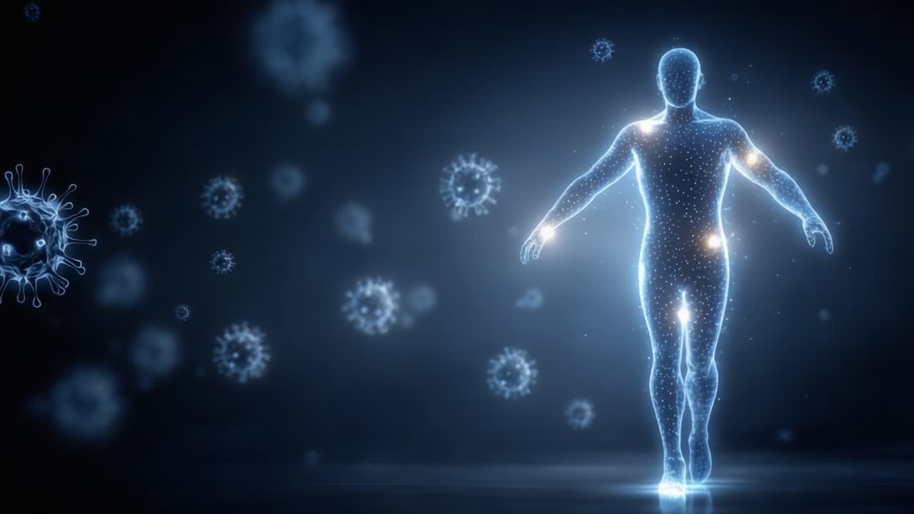 En digital repræsentation af menneskekroppen omgivet af svævende viruspartikler, der symboliserer sundhed, immunitet og den igangværende kamp mod sygdomme i en moderne verden.