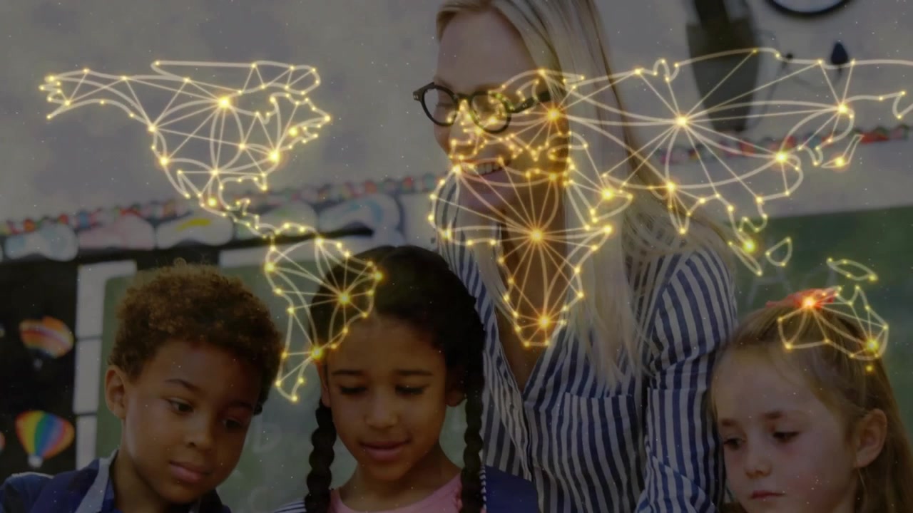 Children tapping tablets classroom, creating sparkles forming network world map as teacher guiding