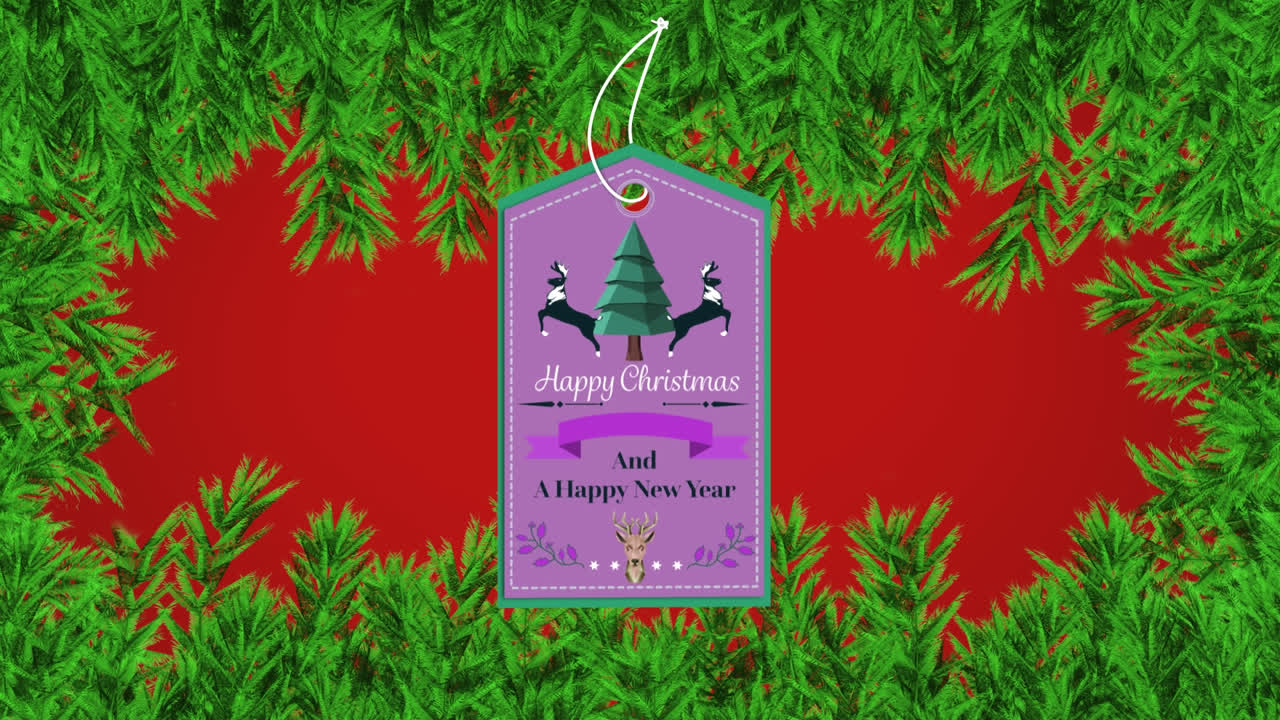 animación de felicitaciones de navidad en etiqueta sobre ramas de abeto sobre fondo rojo
