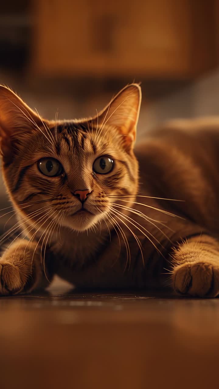 Vertical video: Spotting offscreen movement, tabby cat creeping on kitchen floor, with cabinets