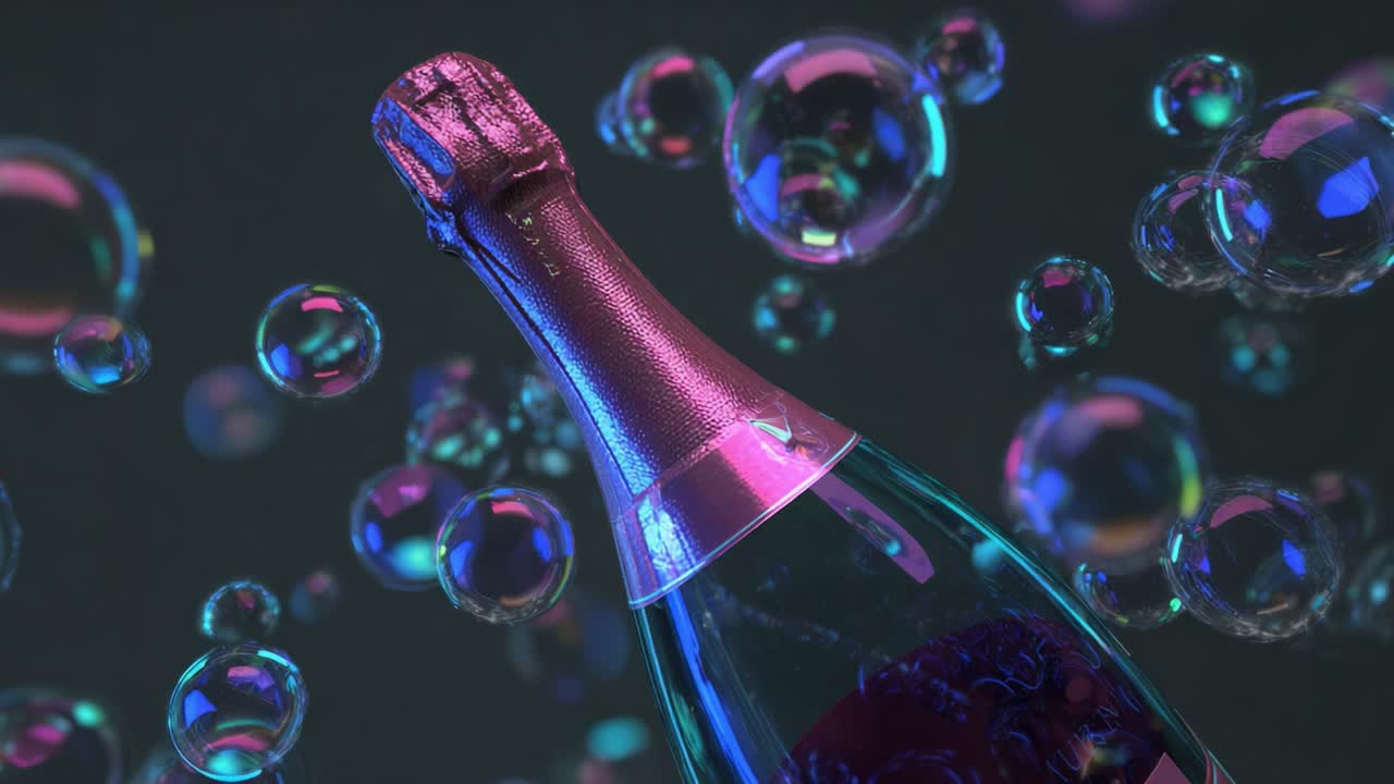 A Stunning Visual of a Sparkling Champagne Bottle Surrounded by Colorful Bubbles, Capturing the Essence of Celebration and Joy in a Radiant Display of Festivity