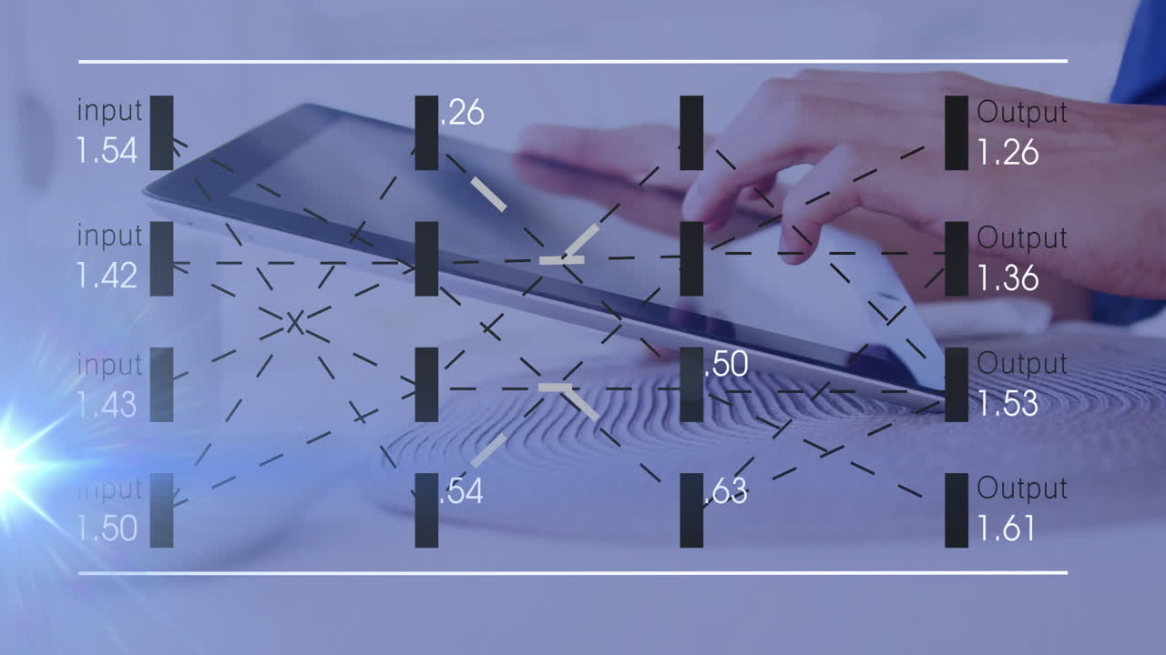 Hands using tablet with data processing animation overlaying input and output values