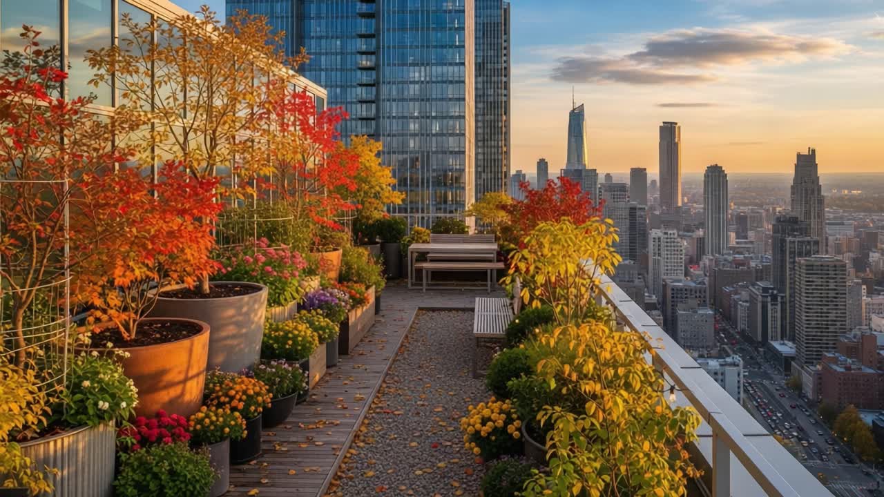 A Breathtaking Rooftop Garden Scene at Sunset: Vibrant Autumn Colors and Urban Skyline Backdrop Create a Serene Escape Above the City Life