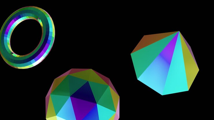 Animation of 3d multicoloured shapes over black background