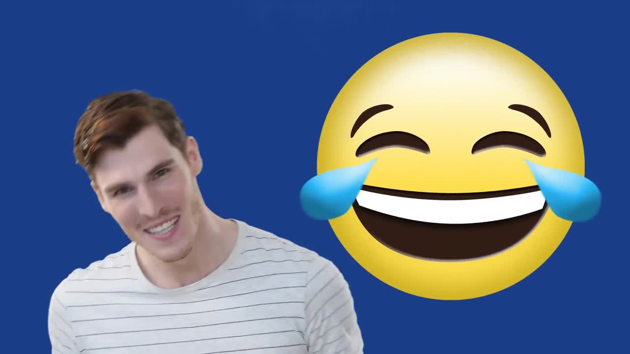 animación de un hombre caucásico riendo con un emoji riendo sobre un fondo azul