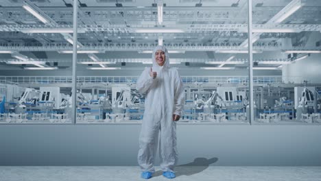 cuerpo lleno de científico masculino asiático mostrando pulgares hacia arriba gesto y sonriendo en fábrica de laboratorio moderno con robots automatizados