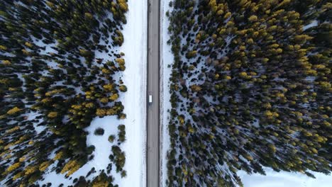 top down aerial view of lonely truck moving on straight countryside road, winter landscape and snow capped mountain fields with coniferous forest, high angle drone shot