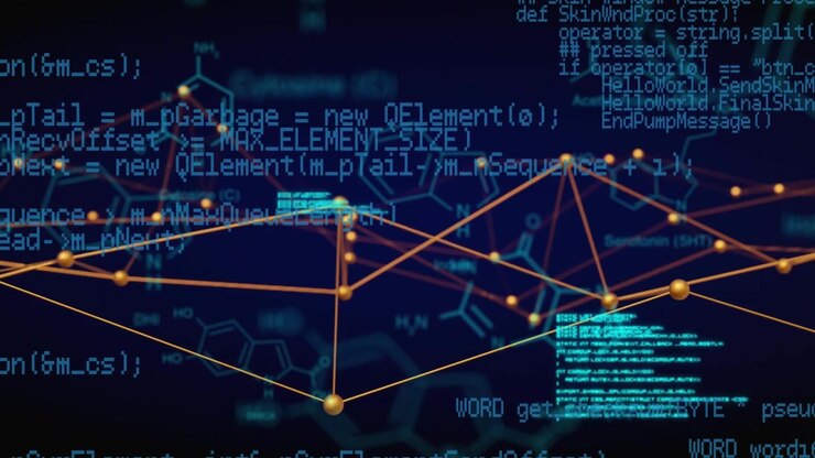 At start network materializing and expanding, code panels scrolling and diagrams fading for clarity