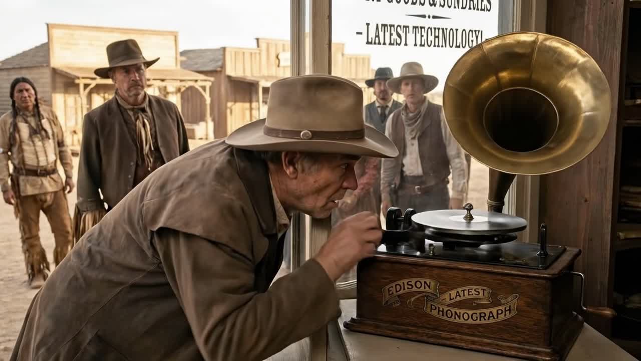 Men Admire Early Technology in an Old West Store