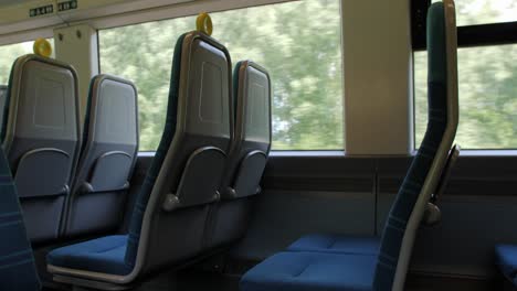 empty seats on a british train as it travells through the countryside