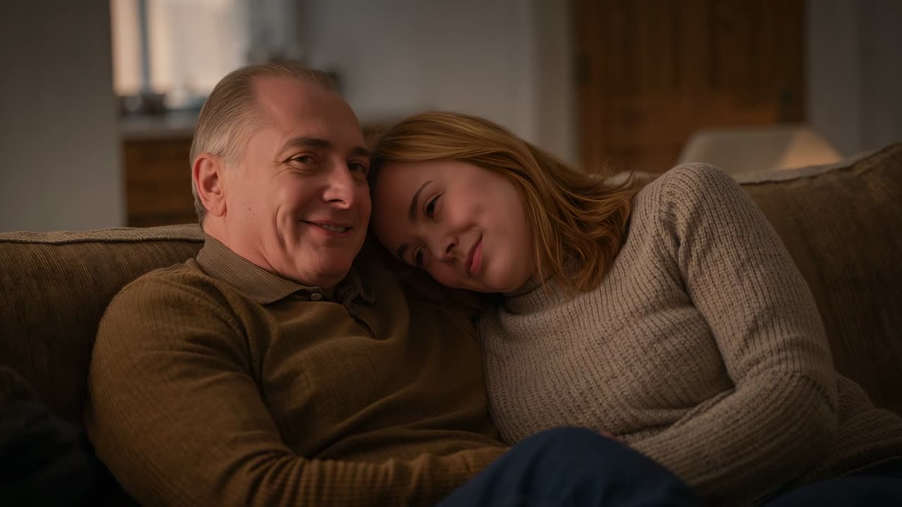 Resting woman seeking comfort on senior man, man opening eyes smiling in home sofa, olive sweater