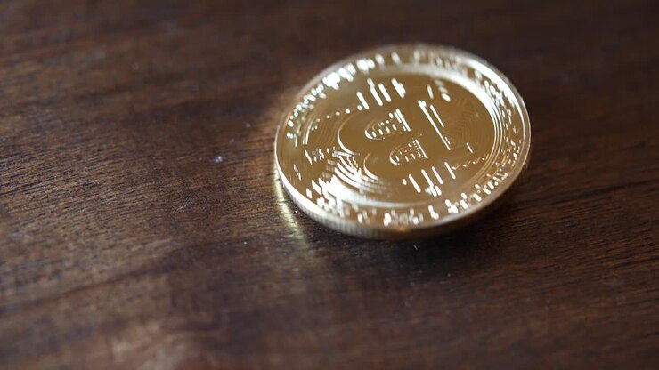 Bitcoin d'oro che ondeggia su un piano d'appoggio in legno.