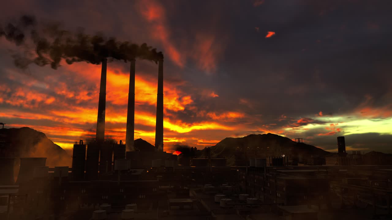 las pipas ahumadas en la planta química, concepto de contaminación del aire, paisaje industrial con contaminación ambiental, hora de la puesta del sol