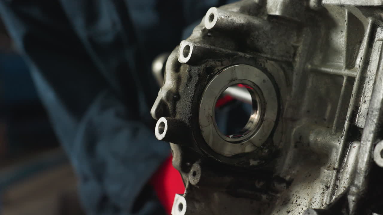 primer plano de un motor trabajado por un mecánico con guantes rojos, centrándose en las piezas y herramientas intrincadas involucradas en el proceso de mantenimiento