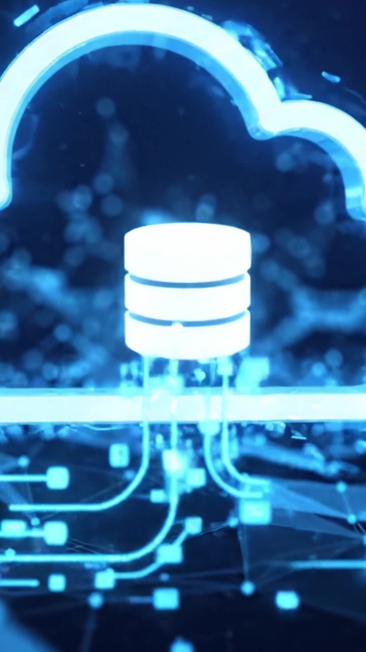 Futuristic Digital Interface Featuring Abstract Data Visualizations and Cloud Storage Concepts in a Vibrant Blue Color Palette