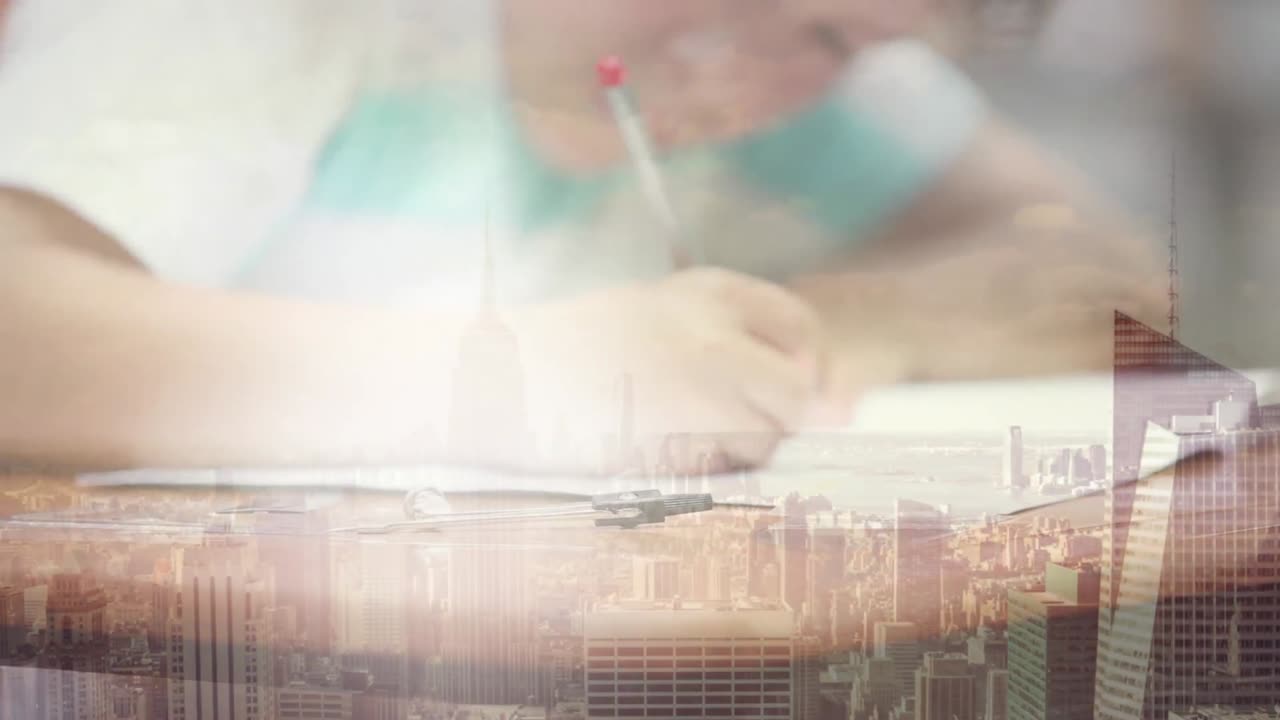 도시 풍경 위에 글을 쓰는 학교 소년의 애니메이션