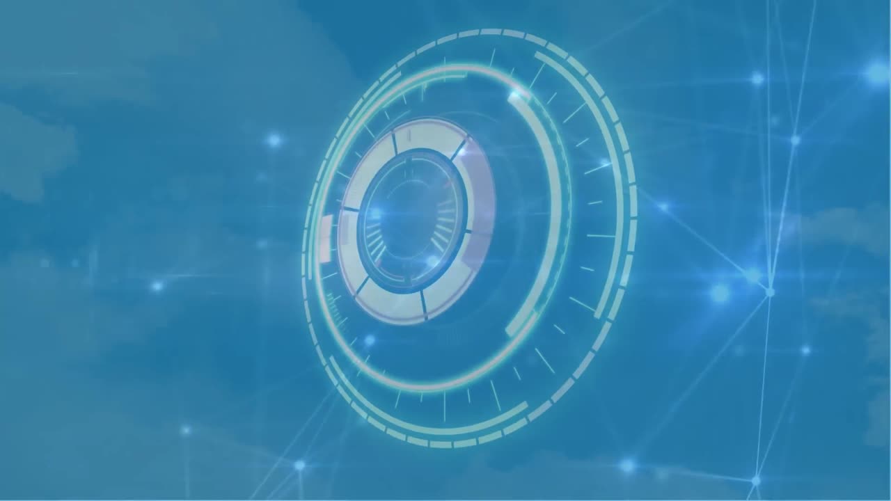 animación del escáner redondo de neón y la red brillante de conexiones contra un fondo azul