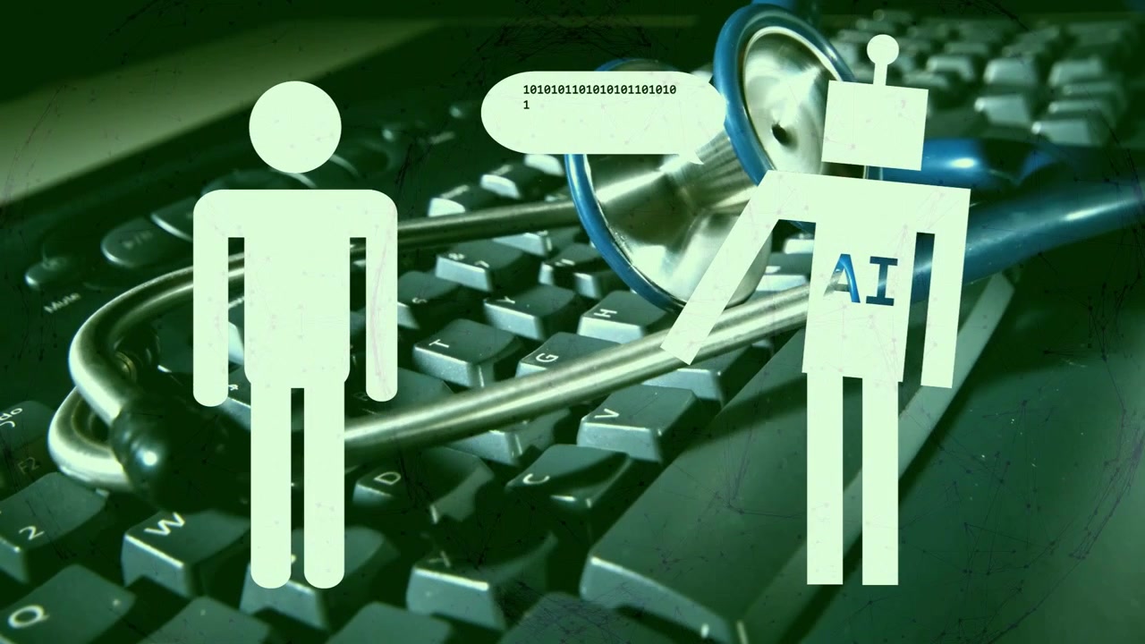 Human icon showing AI joining bubbles shifting icons fading ending keys and stethoscope for care