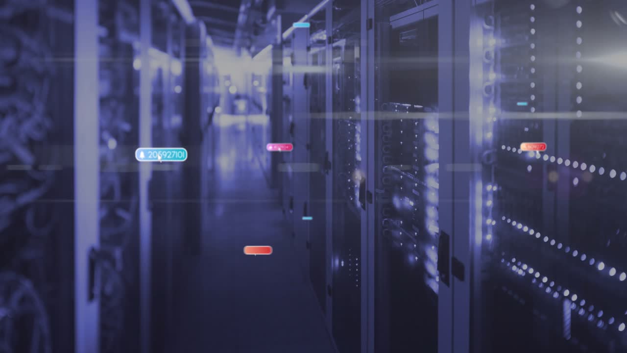 Colored data tags initiating from front drifting down server aisle showing network traffic flow