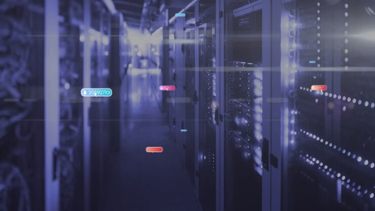 Colored data tags initiating from front drifting down server aisle showing network traffic flow