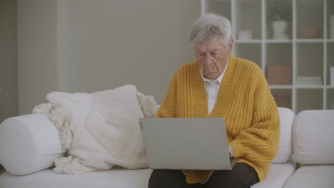 an elderly woman sitting on the couch prints a message on the keyboard. grandma uses a laptop