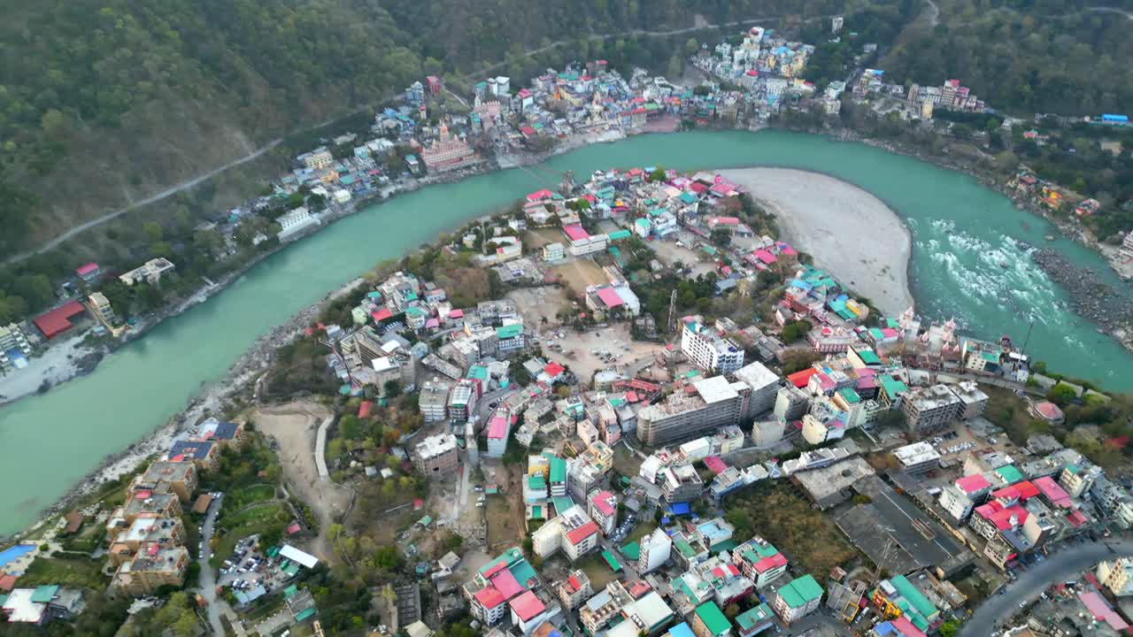 Ganga river flowing early morning in Rishikesh bird eye view in india
