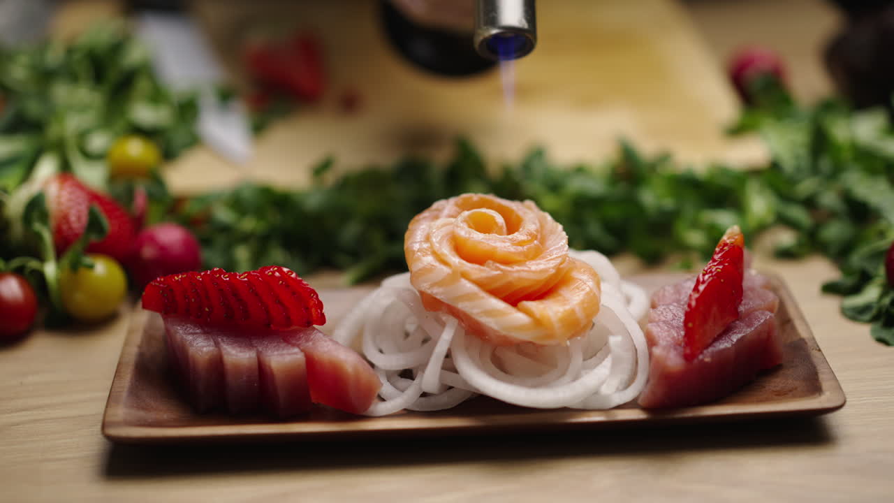 Chef Prepares Gourmet Sashimi with a Culinary Torch