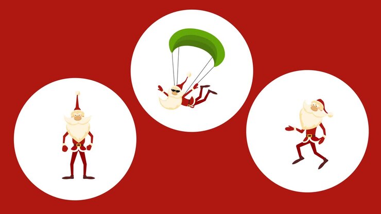 4k video of cartoon Santa Claus icons in white circles.
