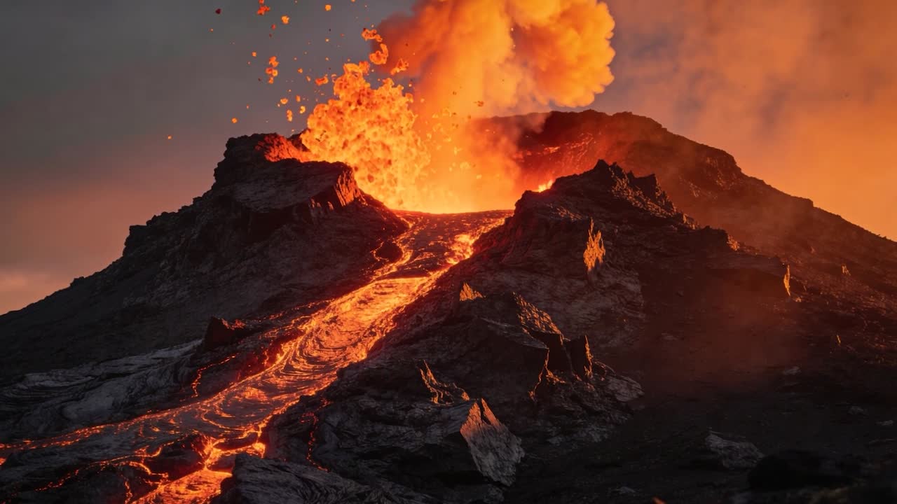 Vulcano in eruzione che dalla cima emette lava lungo un canale, alimentato dal magma, sprigionando un pennacchio.