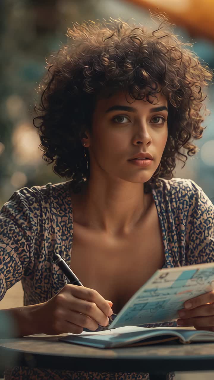 Vertical video: Glancing up woman with curly hair scanning brochure and writing in notebook at cafe