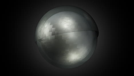 animation of a carbon fiber textured sphere rotating and covered with two orbiting grey dirty glass hemispheres reflecting the environment